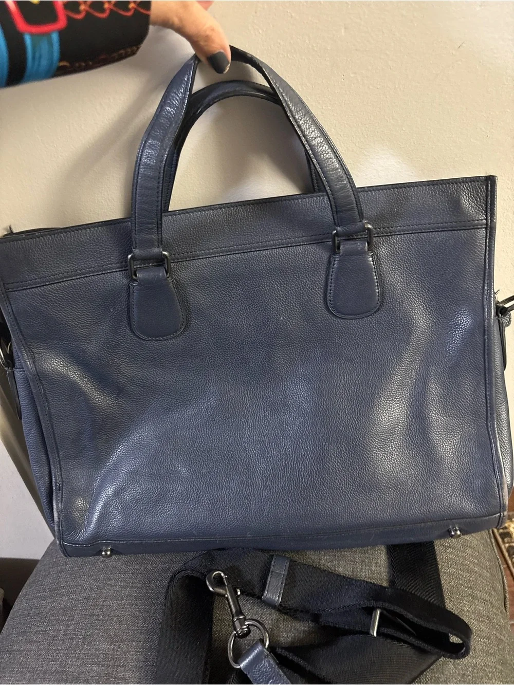 Coach Smith Navy Pebble Leather Briefcase with Detachable Strap.